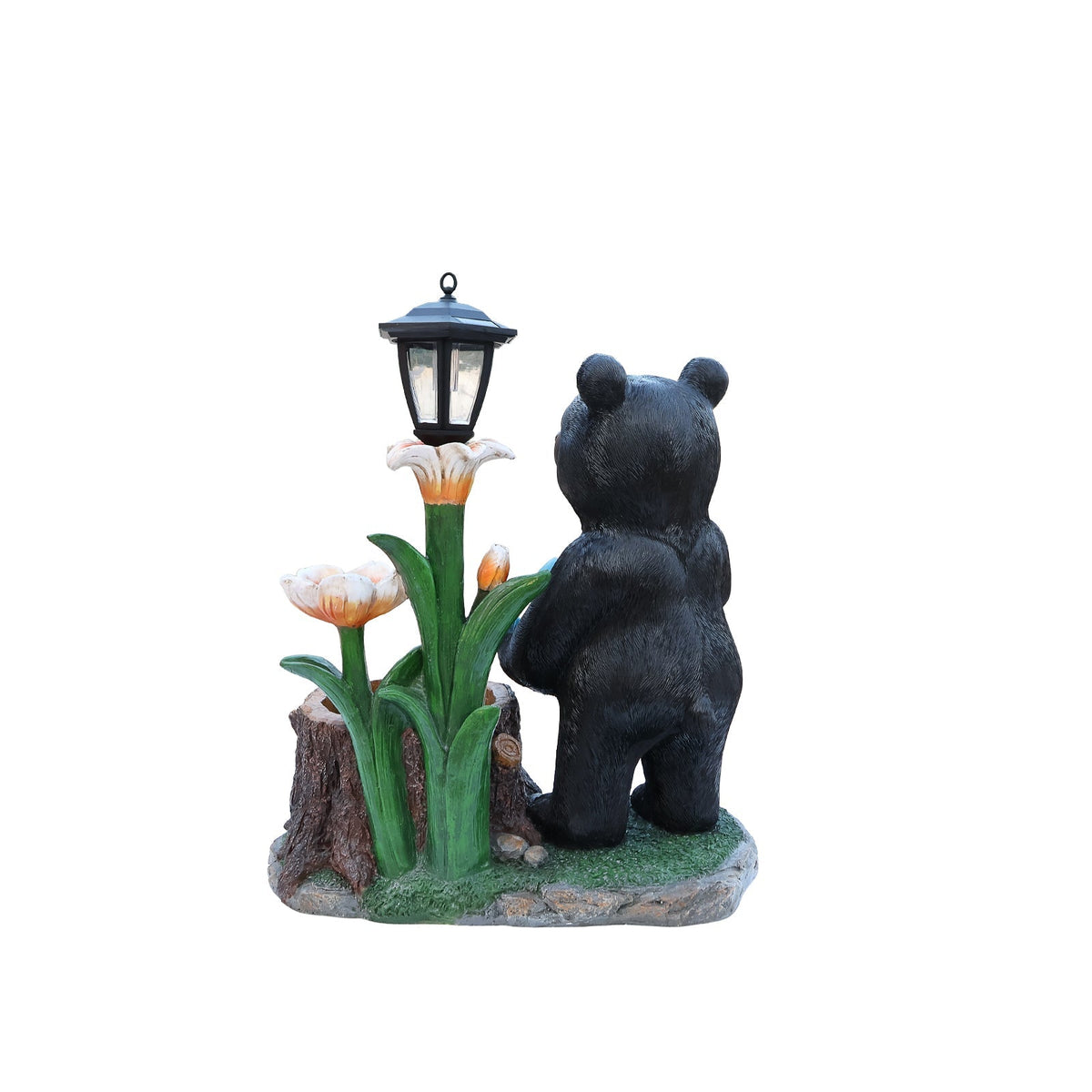 Standing Black Bear Garden Planter with Decorative Solar Lantern
