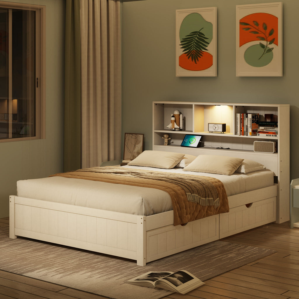 Platform Bed With Bookcase Headboard, Built-In Downlight, Charging Station, And 2 Side Drawers
