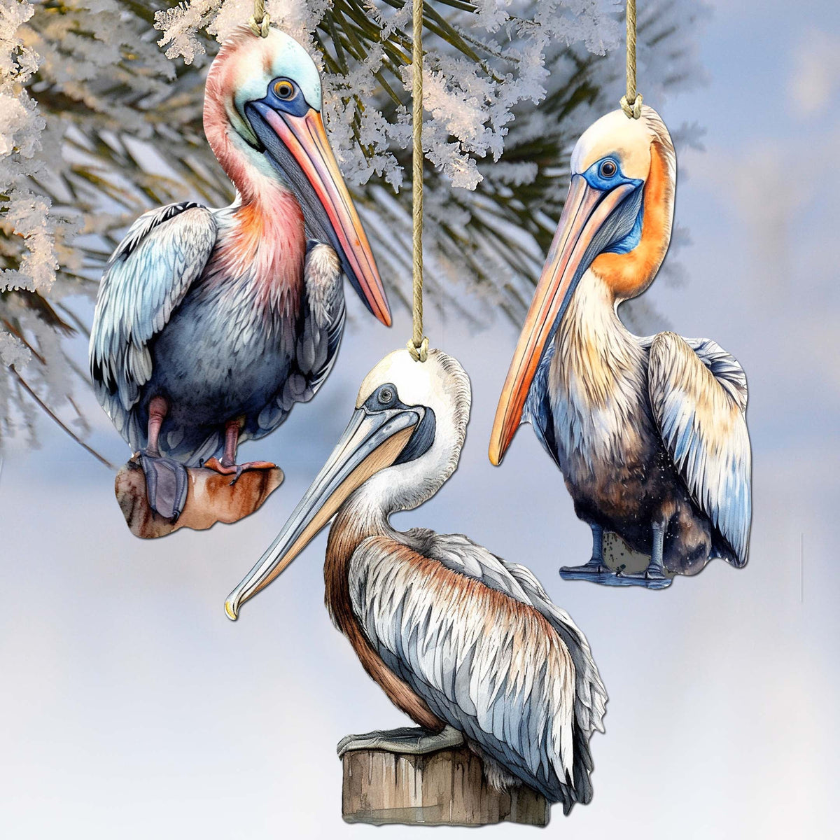 Pelicans Decorative Wooden Ornaments of 3 by G. Debrekht - Coastal Decor - 8091014-S3