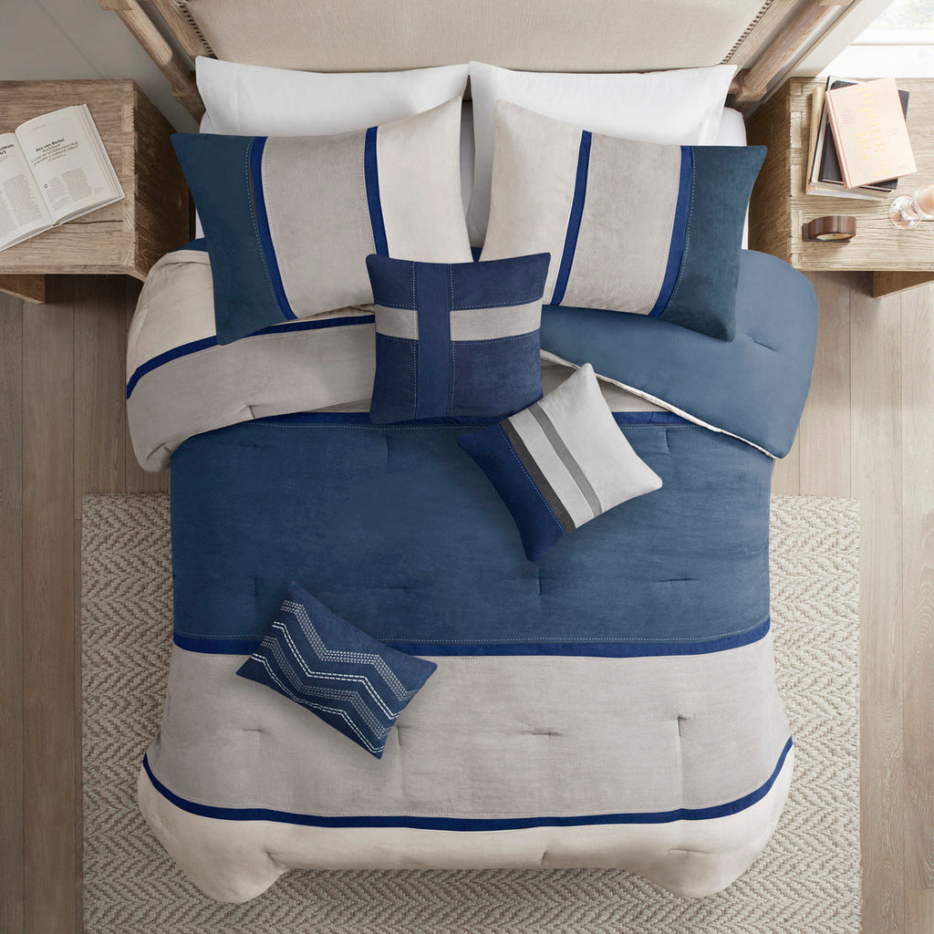 7 Piece Faux Suede Comforter Set Blue California King