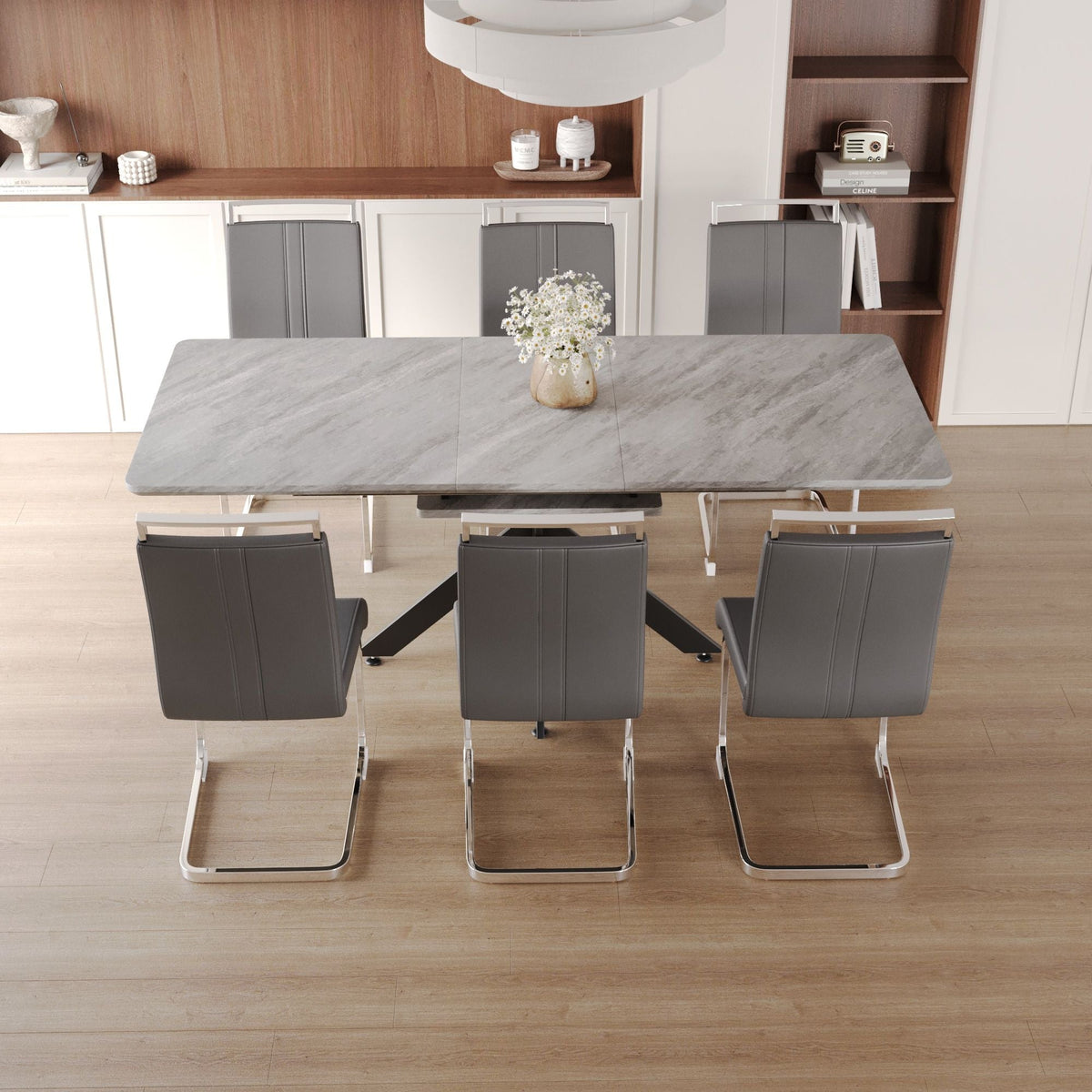 Modern Extendable Dining Table Set With Soft Padded Armless Chairs