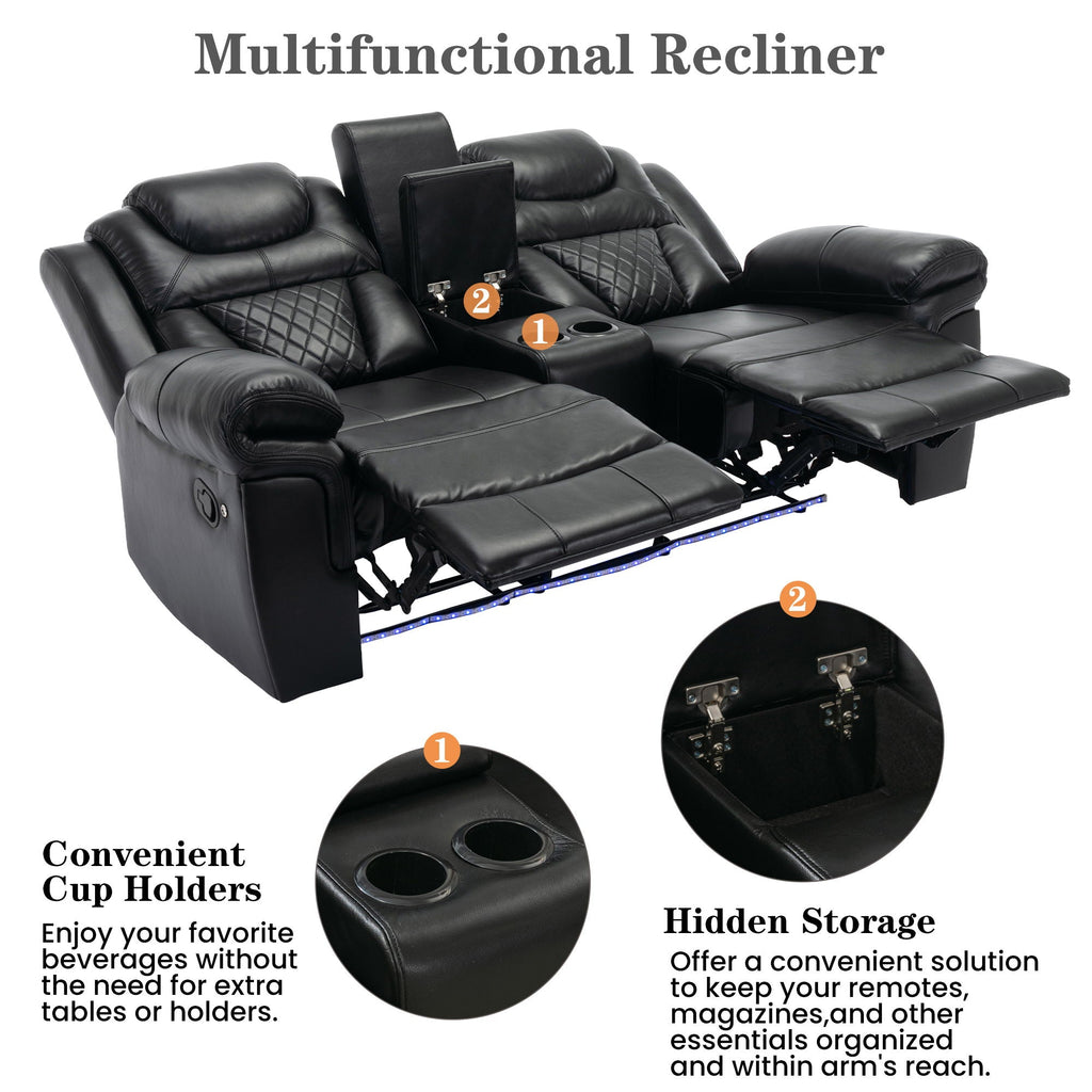 3 Pieces Recliner Sofa Sets Home Theater Seating Manual Recliner Chair With Center Console And LED Light Strip For Living Room
