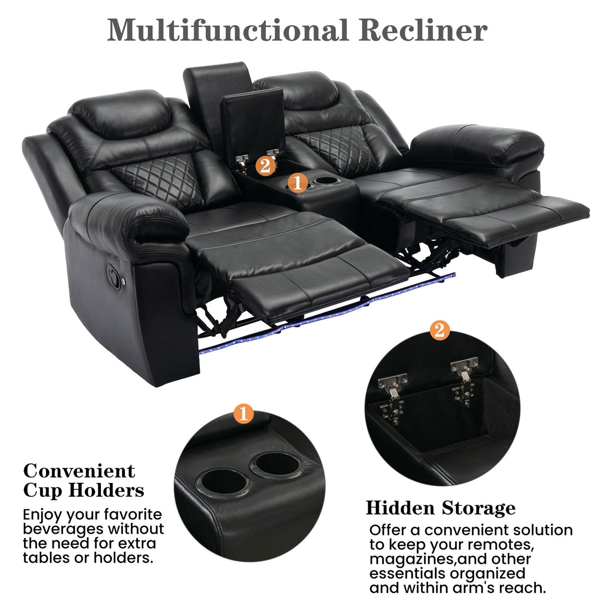 3 Pieces Recliner Sofa Sets Home Theater Seating Manual Recliner Chair With Center Console And LED Light Strip For Living Room