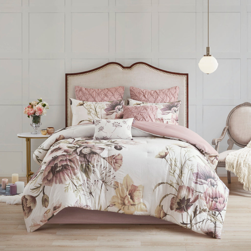 8 Piece Cotton Printed Comforter Set Blush Queen