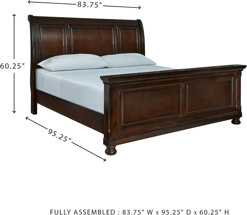 Signature Design by Ashley Porter Traditional King Sleigh Bed with Bun Feet, Foundation or Box Spring Needed, Dark Brown