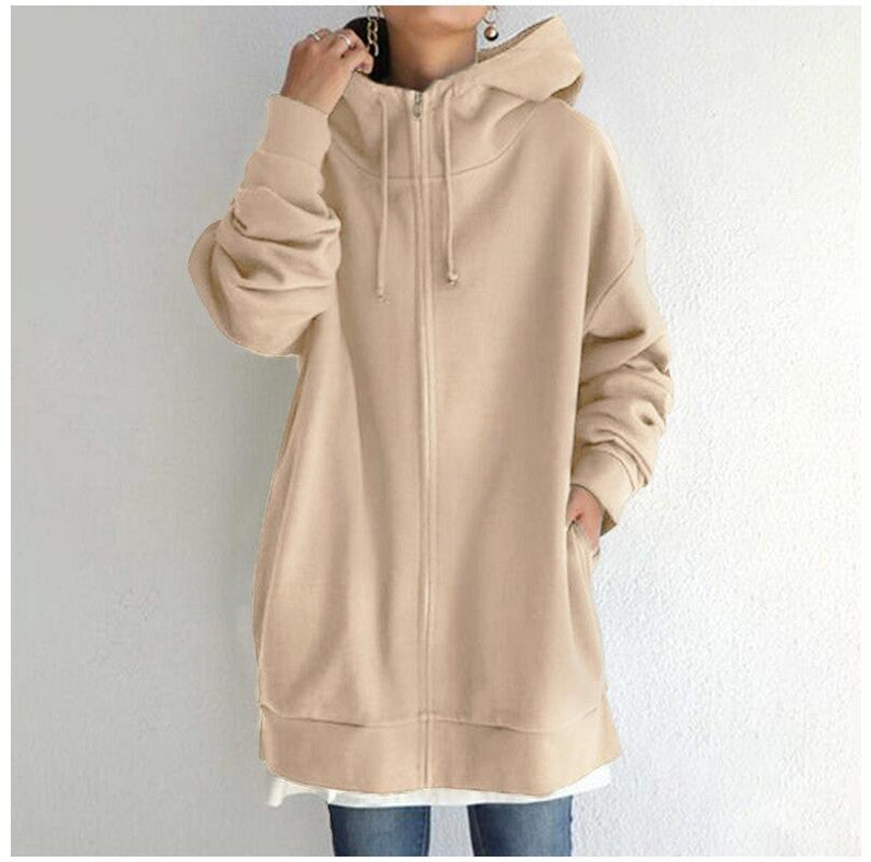 Women's Oversized Hooded Zip-Up Sweatshirt Coat – Velvet-Lined, Long Sleeve