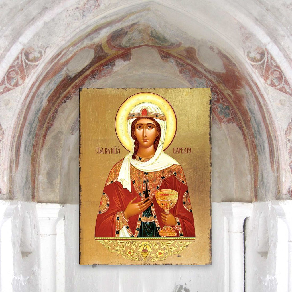 Saint Barbara Wooden Gold Plated Religious Orthodox Sacred Icon - Inspirational Icon Decor - 85038