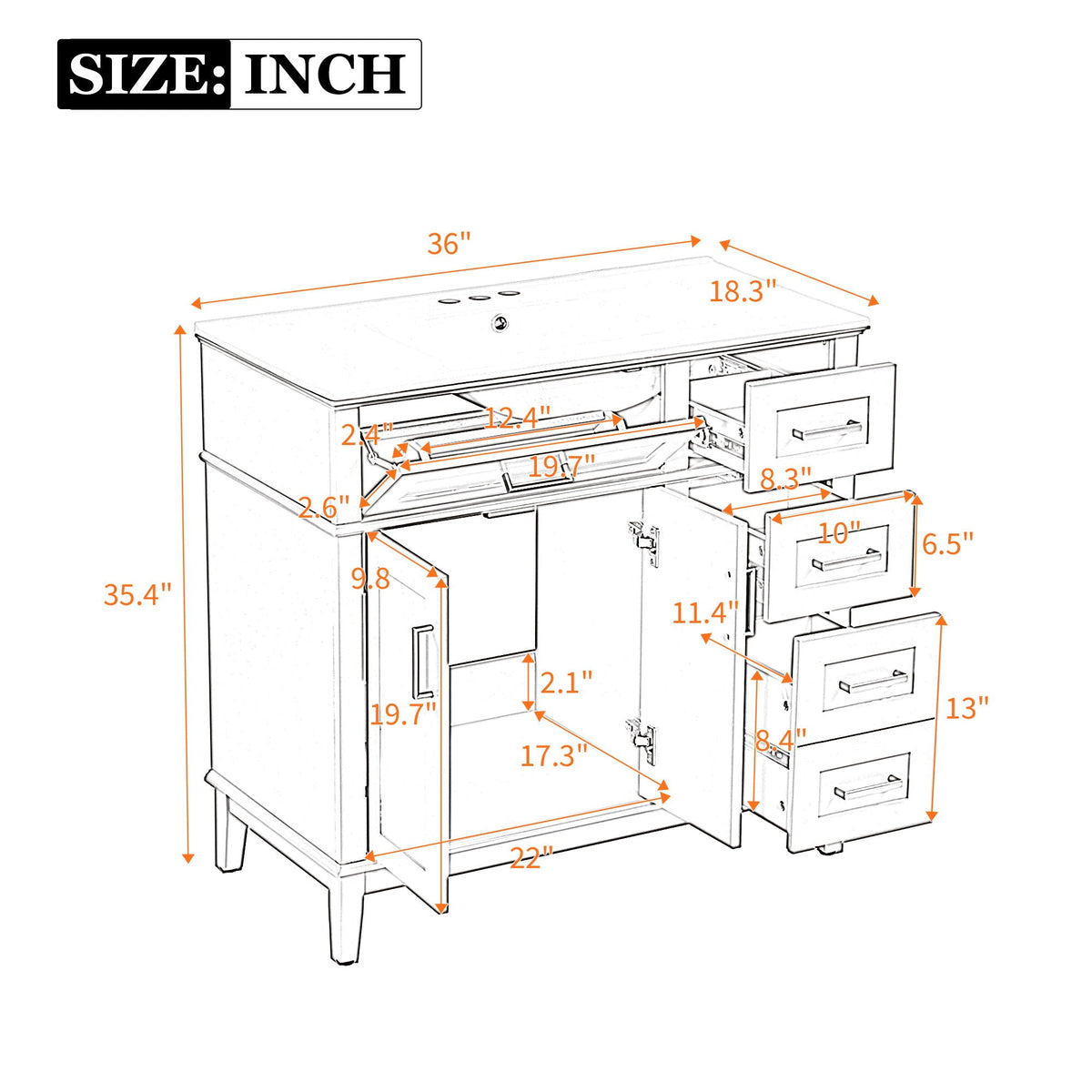 Bathroom Vanity With Sink, Soft Close Doors, 4 Storage Drawers