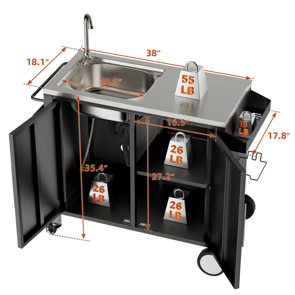 Outdoor Grill Cart With 304 Stainless Steel Sink And Cabinet - Black / Silver