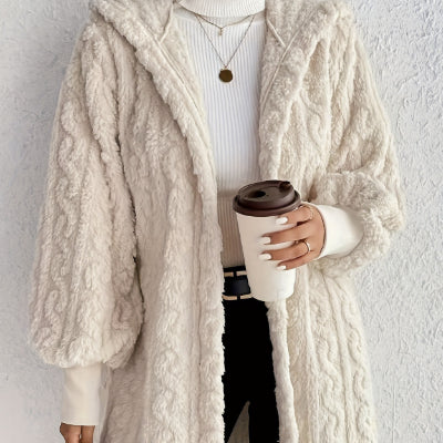 Women's Hooded Plush Long Coat – Double-Sided Fleece Cardigan with Thread Cuffs