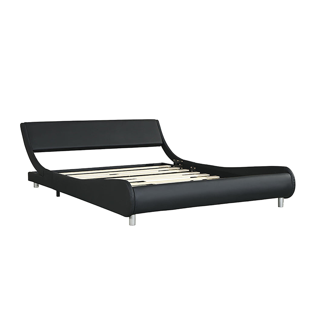 Queen Size Upholstered Platform Bed Frame With LED Lighting, Curve Design, Slat Support, No Box Spring Needed - Black
