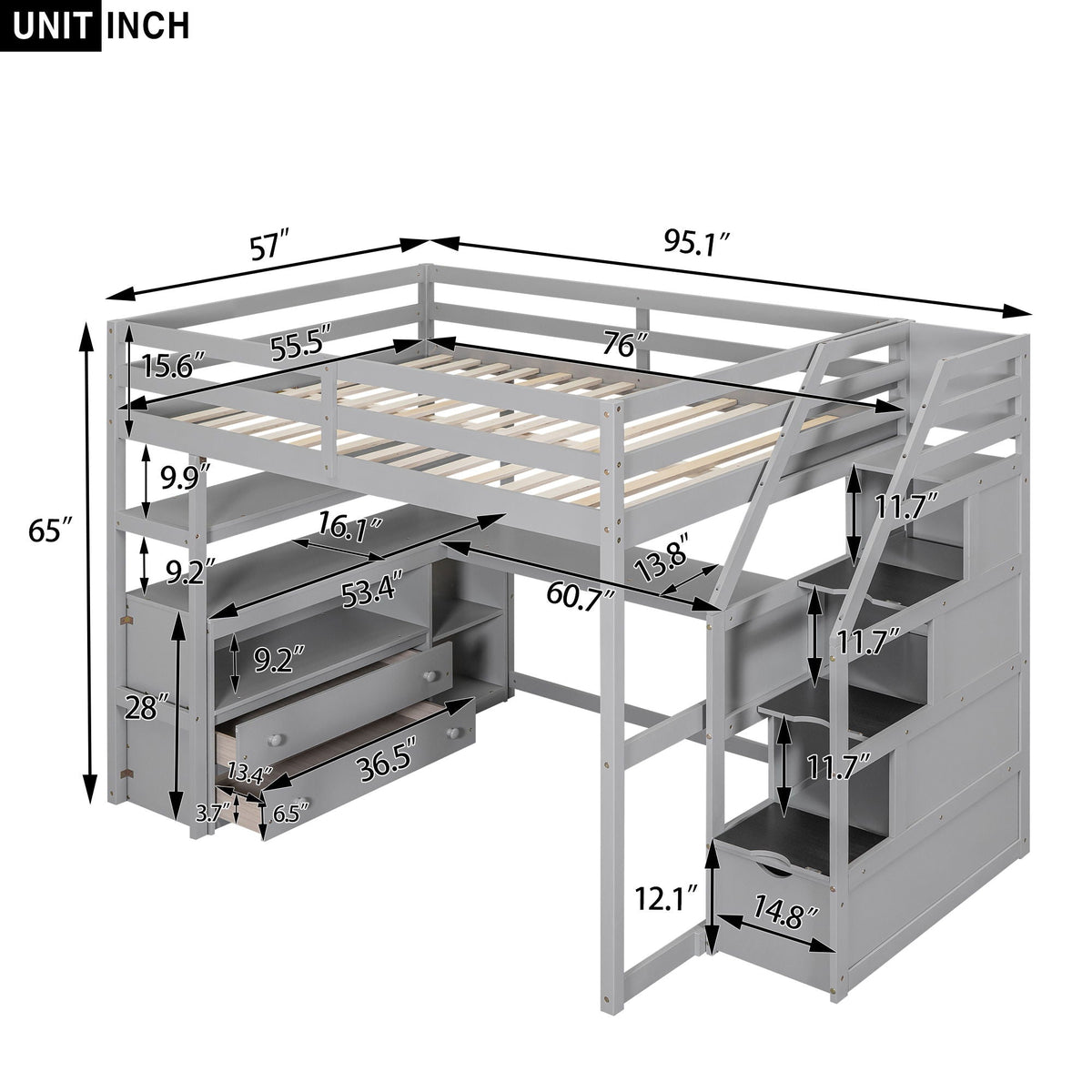 Loft Bed With Desk, Shelves, 2 Drawers, Storage Staircase
