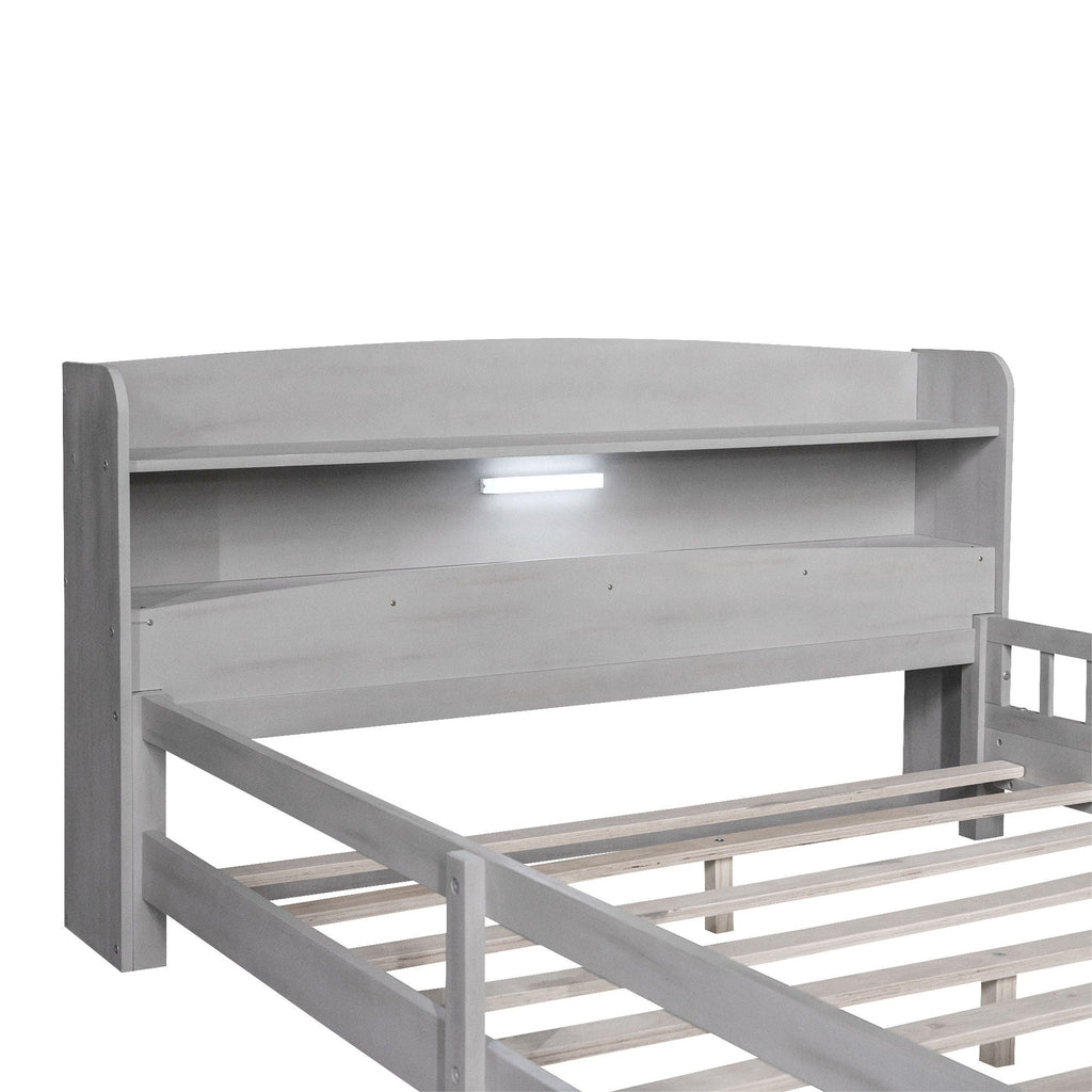 Wood Platform Bed With Built In LED Light, Storage Headboard And Guardrail
