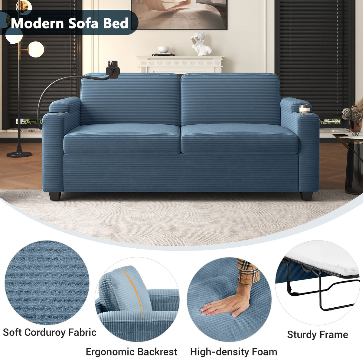 Sleeper Sofa Loveseat Sofa With Full Size Mattress, 2 USB Ports, 2 Cup Holders, 2 Side Pockets And Phone Holder
