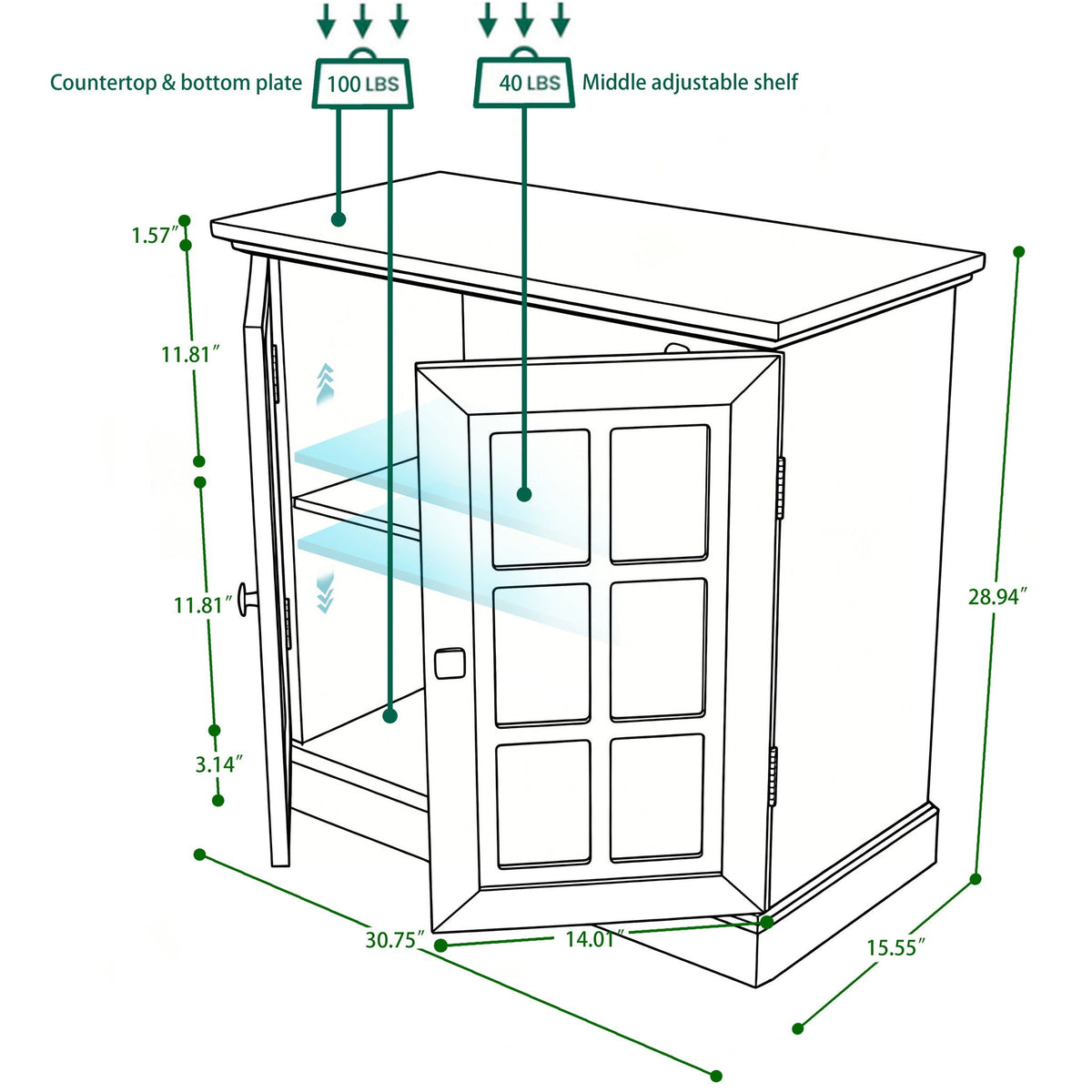 Sideboard Cabinet With Mirrored Doors, Adjustable Shelf, Metal Handles