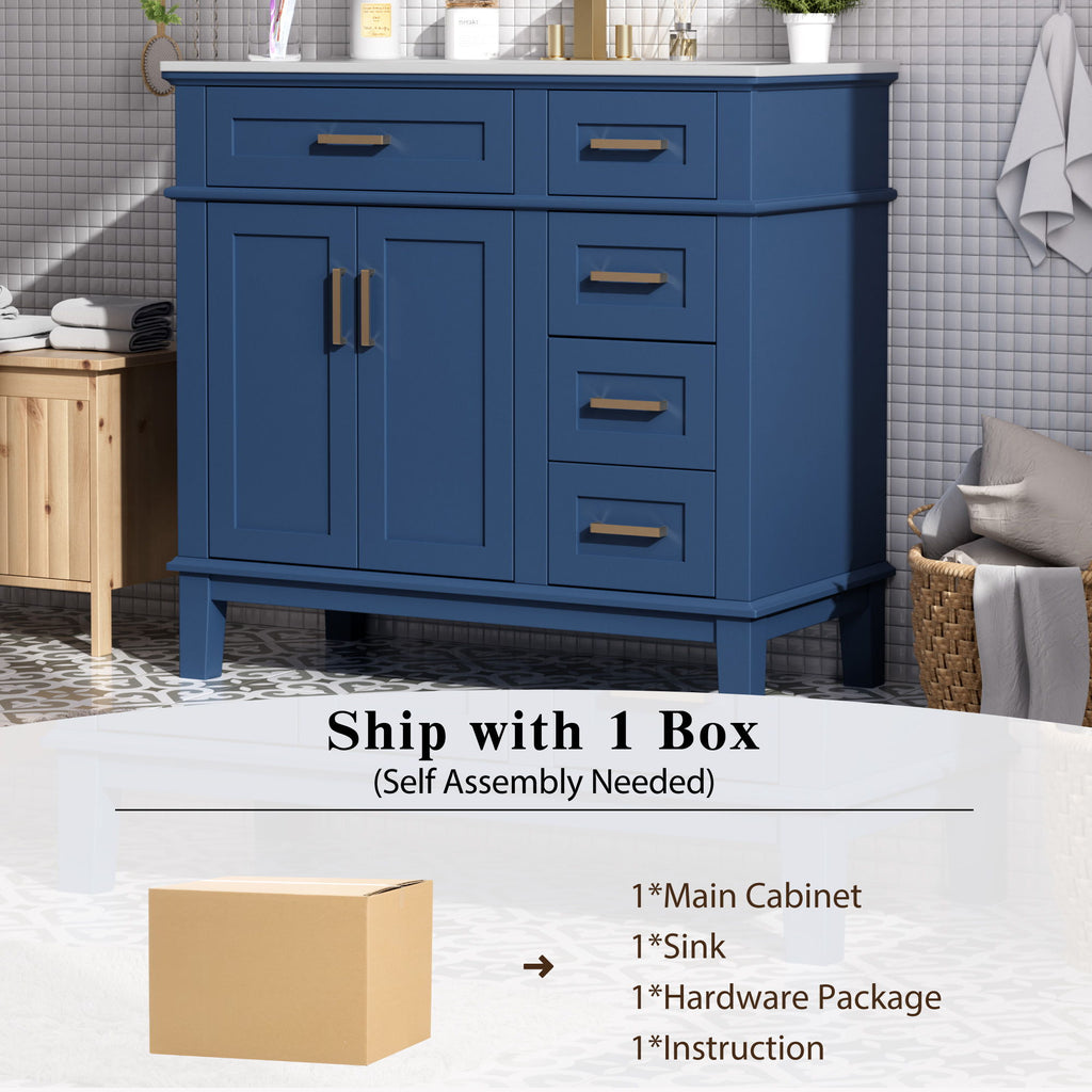Bathroom Vanity With Ceramic Sink, Soft-Close Doors, 4 Storage Drawers - Blue