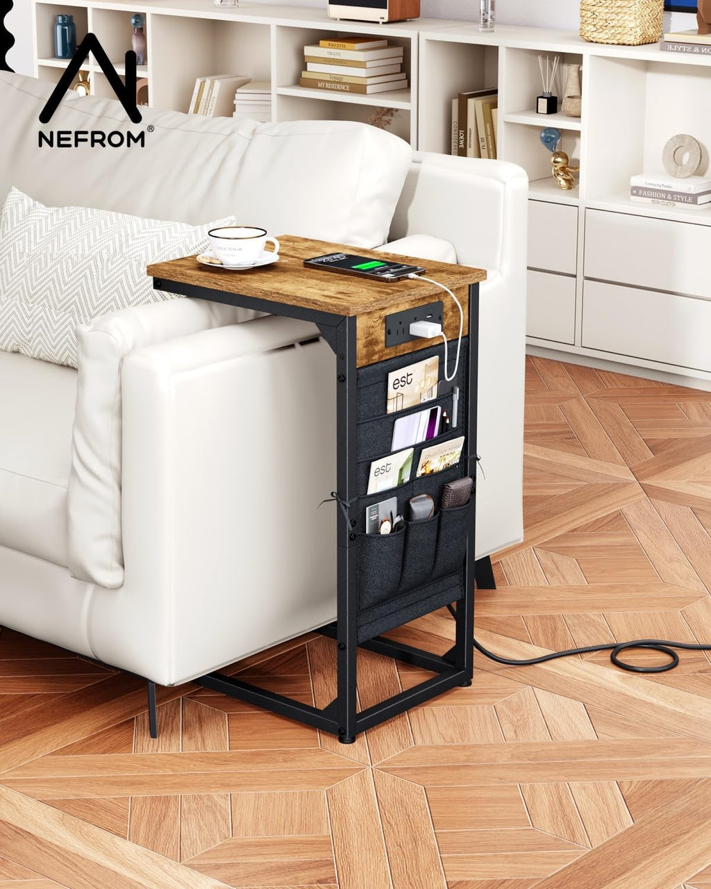 C-Shaped End Tables Set of 2, Small Couch Side Table with Fast-Charging Station, Sofa TV Tray Table with Storage Bag for Living Room, Bedroom, Bedside ET-BR-2