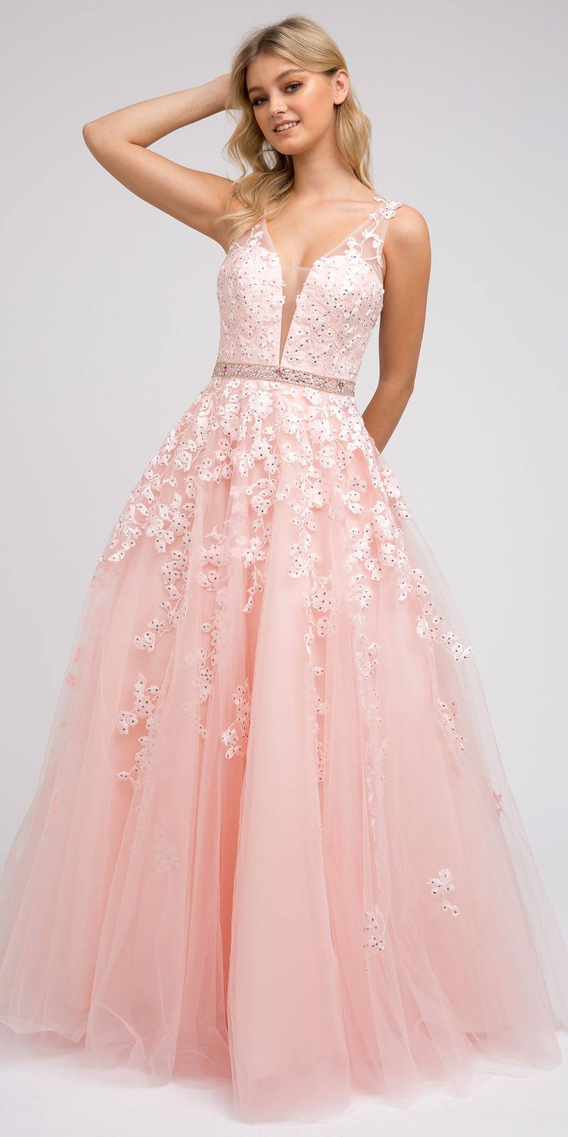 Juliet 224 V-Neck and Back Embroidered Tulle A-Line Ball Gown