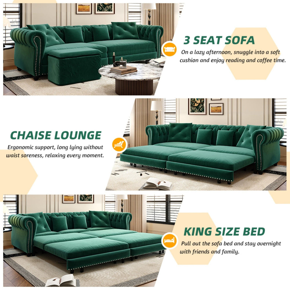 3 In 1 Pull Out Convertible Sleeper Sofa Bed, King Size, Chaise Lounge