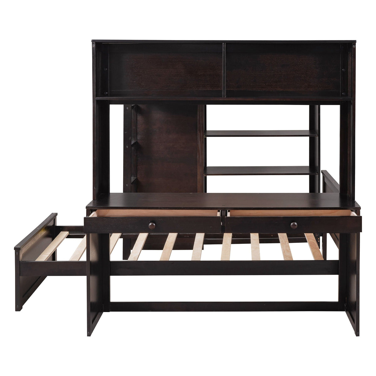 Loft Bed With A Twin Size Standalone Bed, Shelves, Desk, And Wardrobe
