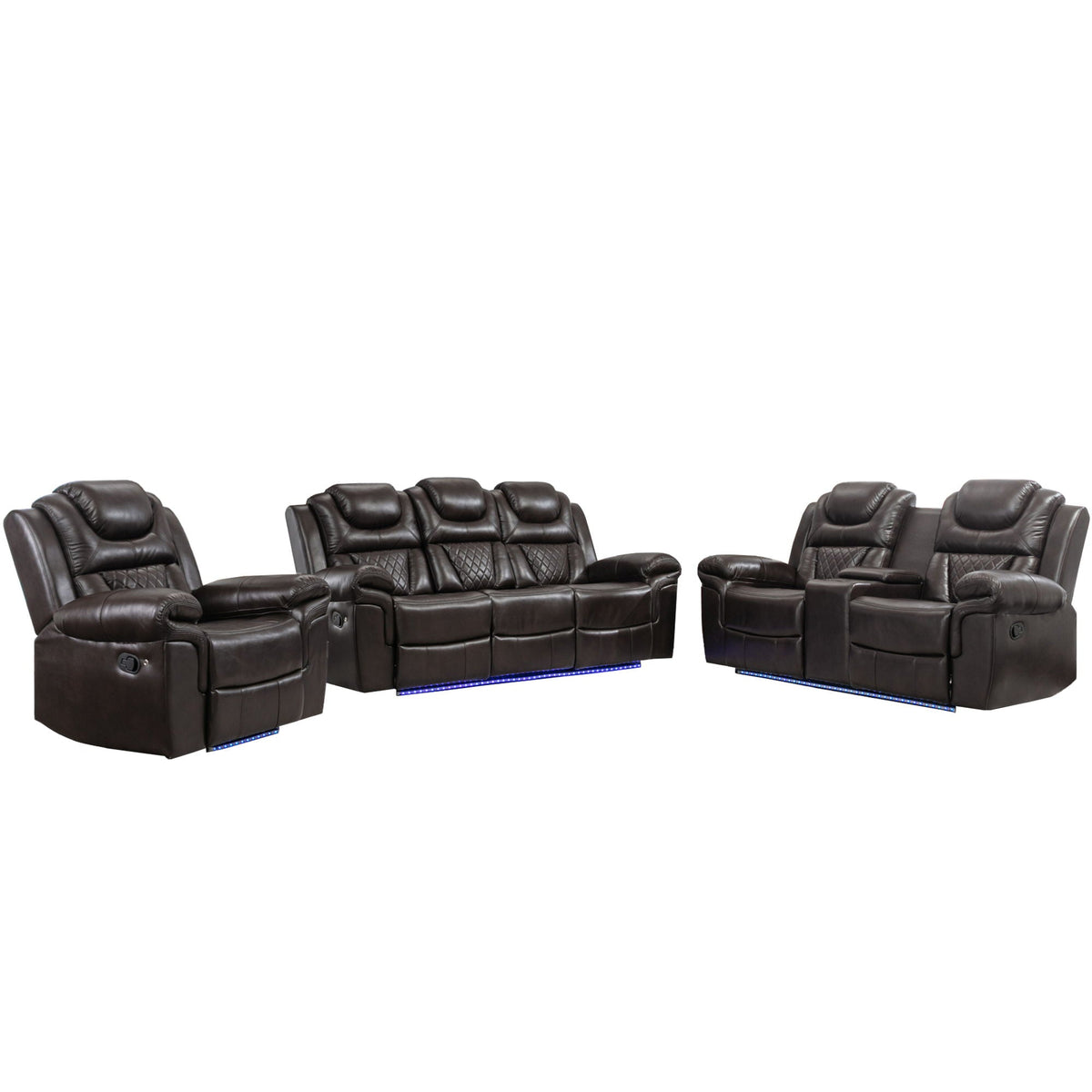 3 Pieces Recliner Sofa Sets Home Theater Seating Manual Recliner Chair With Center Console And LED Light Strip For Living Room