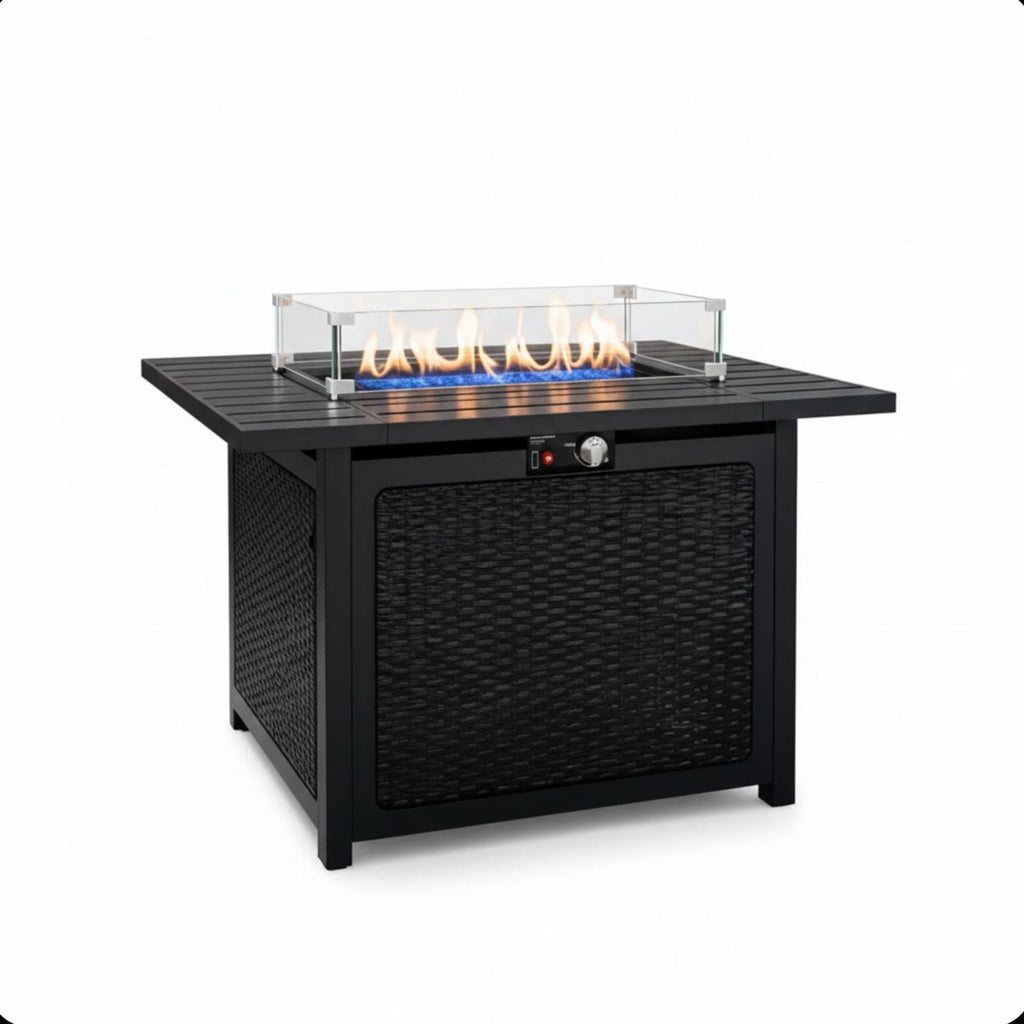 Outdoor 2 In 1 Propane Fire Pit Table With Lid & Glass Shield, Rectangular Fire Table, Lava Rock & Cover - Black