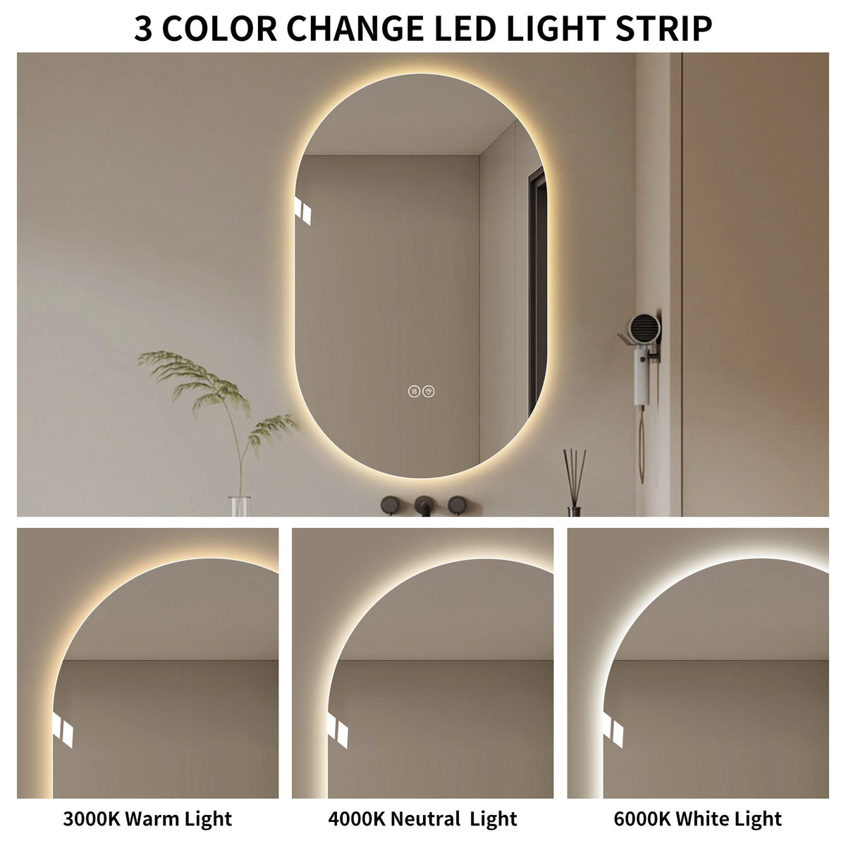 Smart Wall Mounted LED Touch Screen Mirror With Anti-Fog Function And Adjustable Lighting