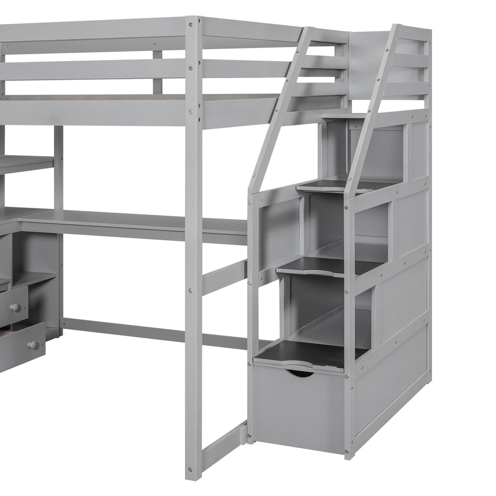 Loft Bed With Desk, Shelves, 2 Drawers, Storage Staircase