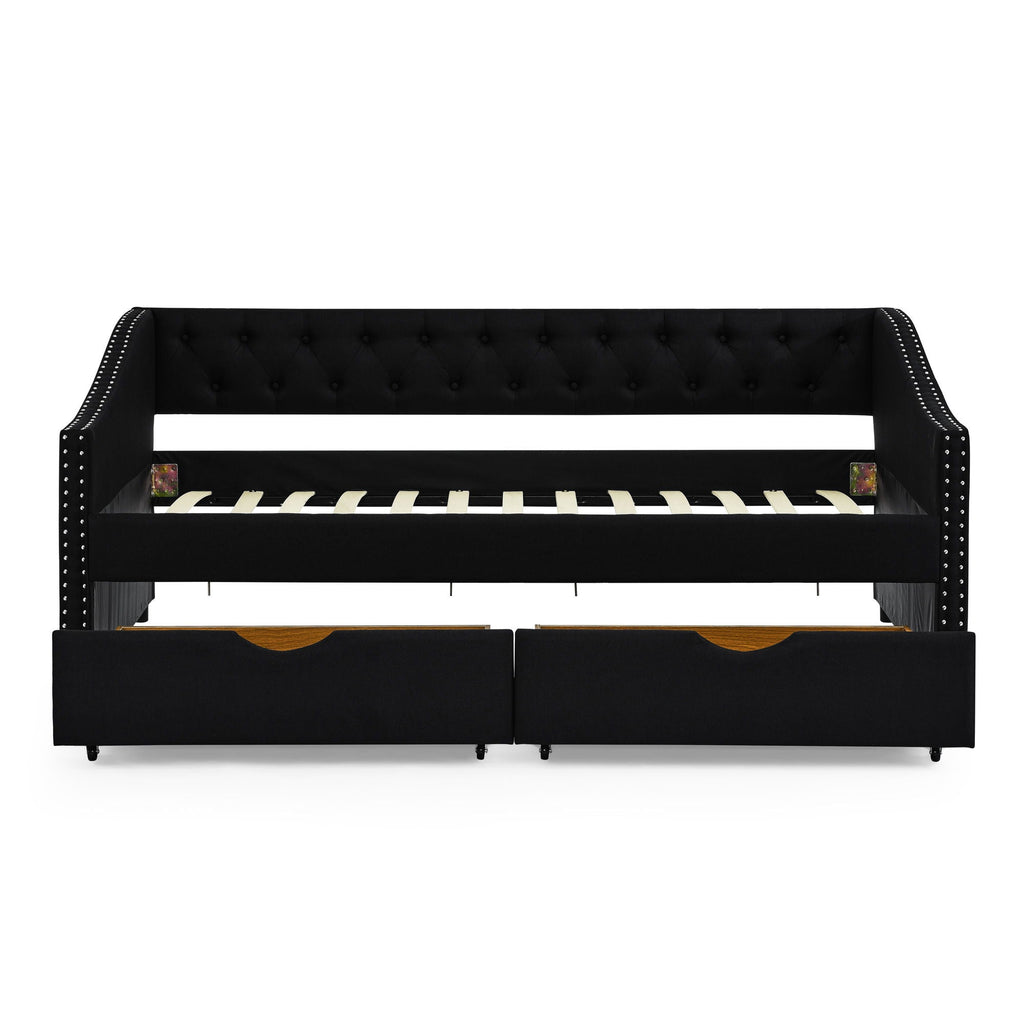 Upholstered Tufted Daybed With 2 Drawers, Waved Arms