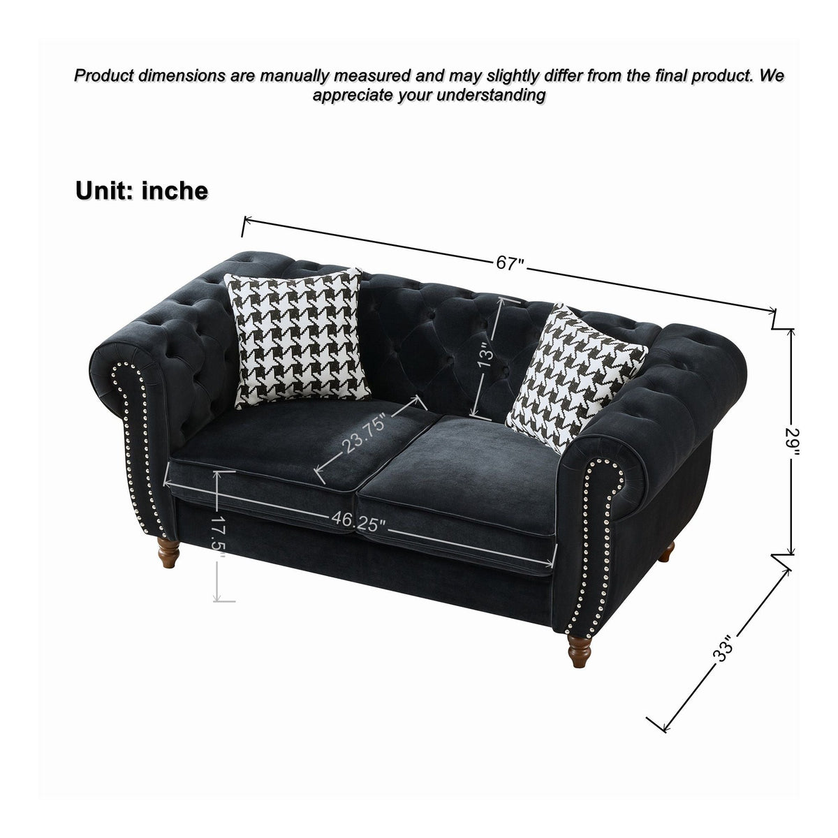 Chesterfield Upholstery Fabric Loveseat With Roll Armrest And Nailhead