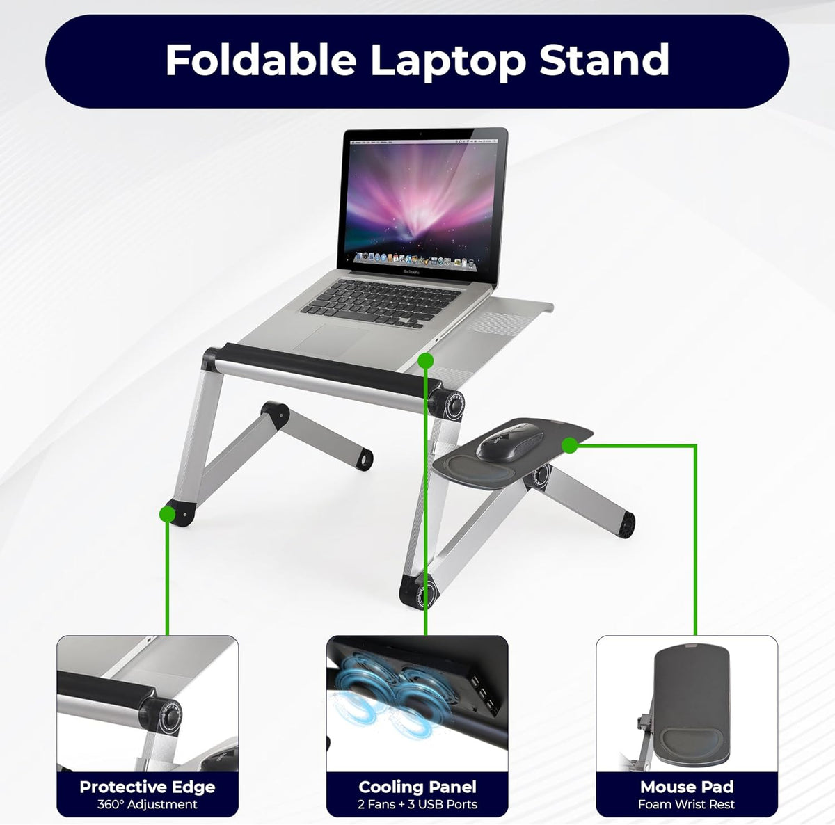 Workez Cooling Adjustable Laptop Stand for Desk W/Fan USB Ports Mouse Pad Ergonomic Foldable Laptop Stand Riser Portable Computer Holder, Silver