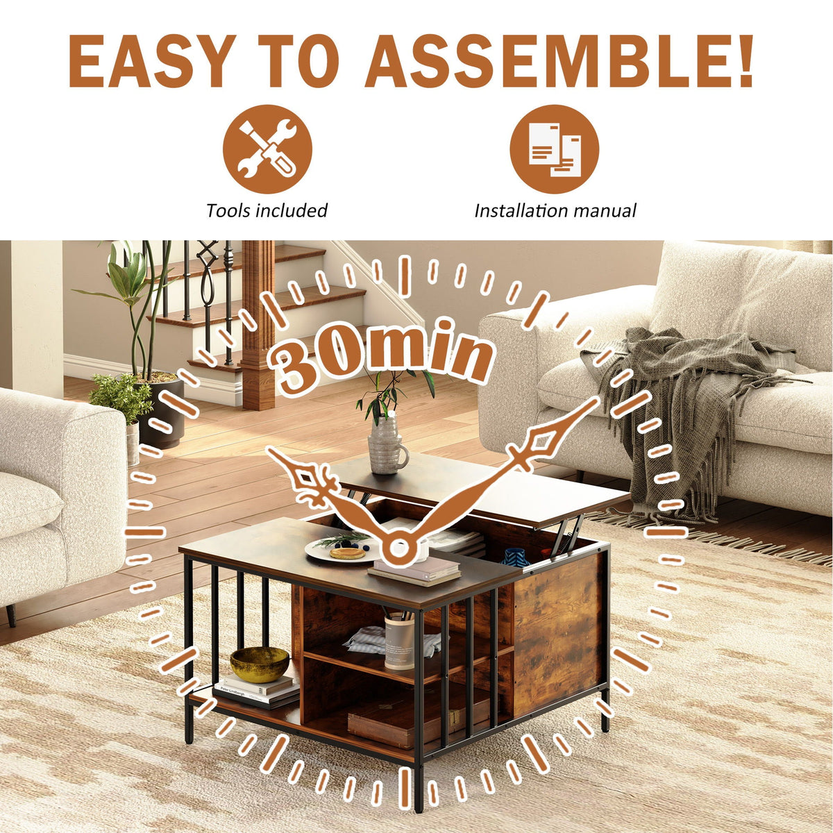 Flip-Top Coffee Table With Storage Lift-Top Design With Hidden Compartment - Black