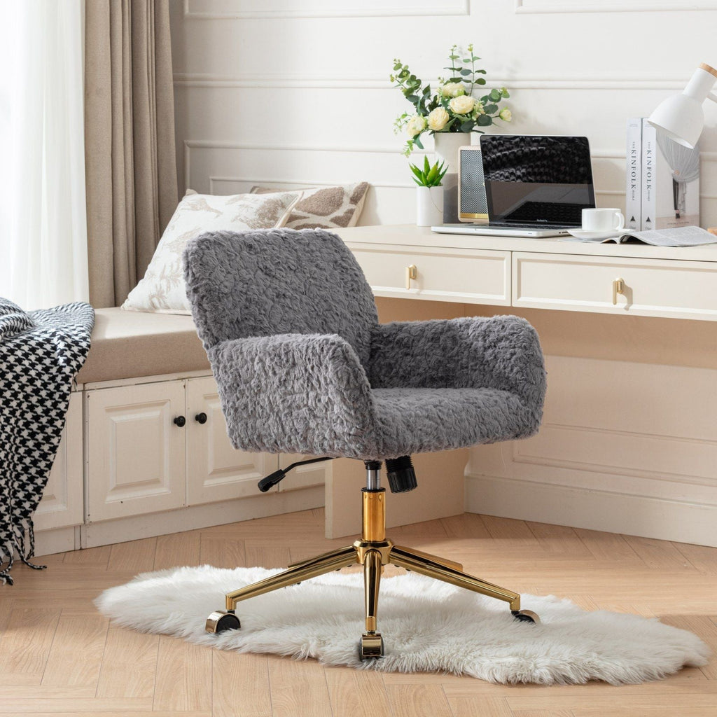 Office Chair, Artificial Rabbit Hair Home Office Chair With Metal Base, Adjustable Desk Chair Swivel Office Chair, Vanity Chair