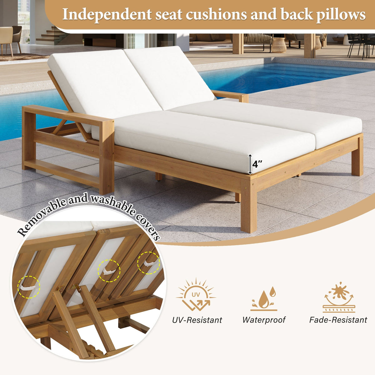 TREXM Outdoor Double Lounge Chair with 5-Position Adjustable Backrest