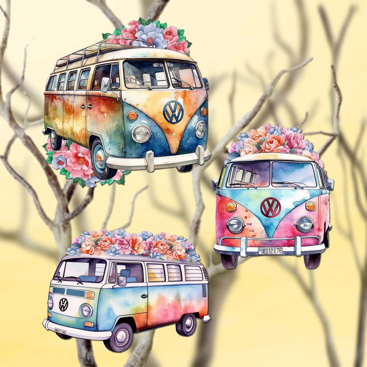 Surf Vans Clip-On Eco Wood Decorative Ornaments Set of 3 by G. Debrekht - Christmas Decor - 8091040C-S3
