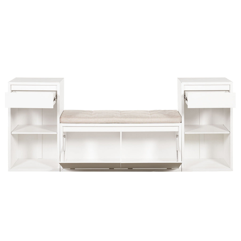 Entryway Storage Bench With Cushion, Drawers & Open Shelves