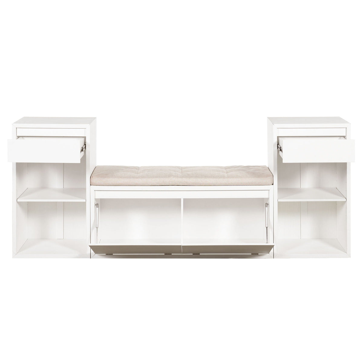 Entryway Storage Bench With Cushion, Drawers & Open Shelves