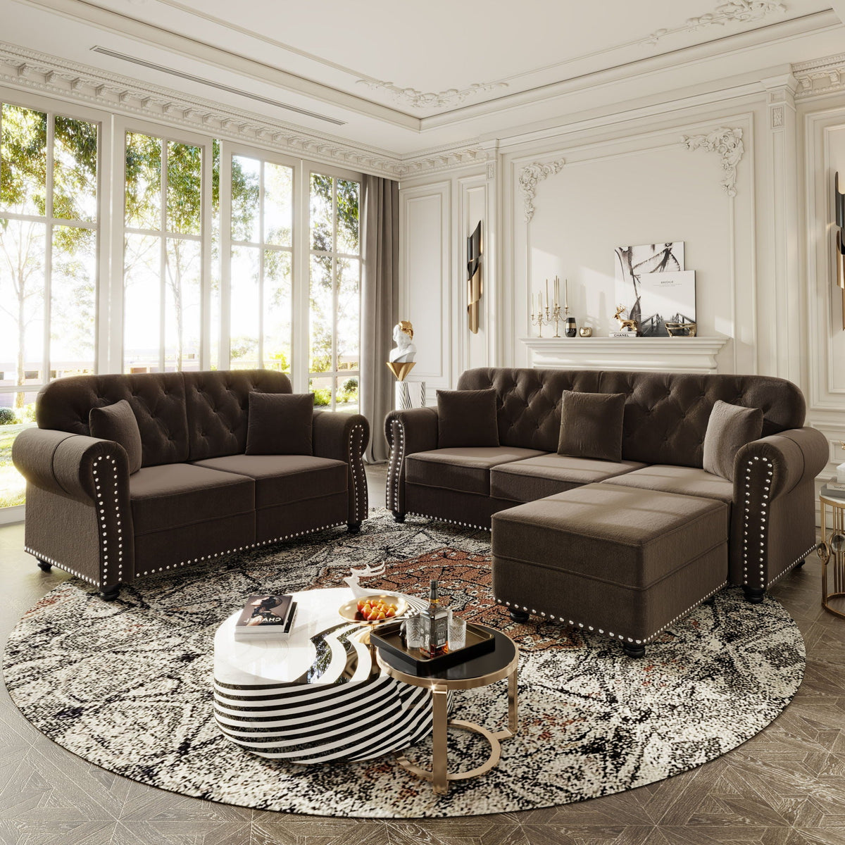 Upholstered Sofa Set With Nailhead Trim And Rolled Armrests, Includes Pillows