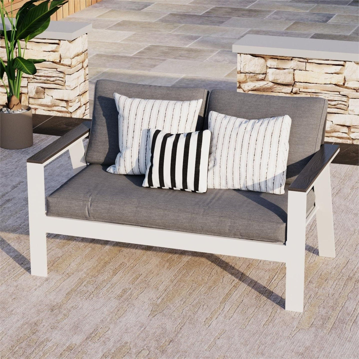 All Weather Patio Loveseat With Armrests & Angled Backrest - White / Gray