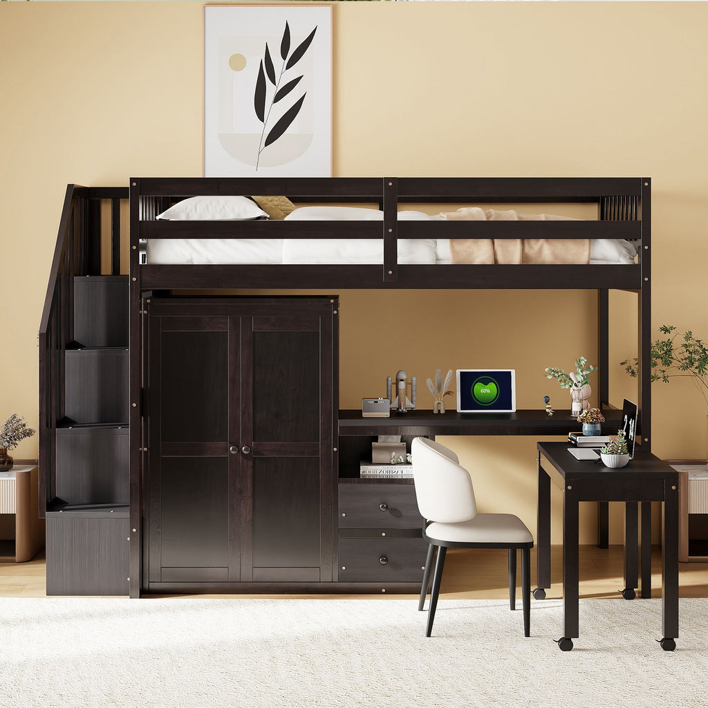 Loft Bed With Stairs, Bookshelf, Drawers, Desk & Wardrobe, Space Saving Multifunctional Furniture