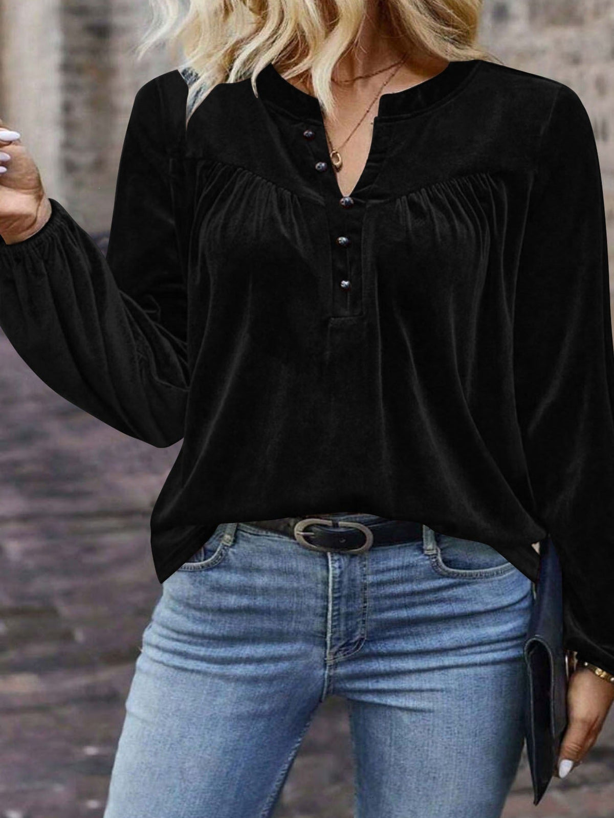 Women's Casual Chic Solid Color V-Neck Button Long Sleeve Pullover Top For Spring & Fall