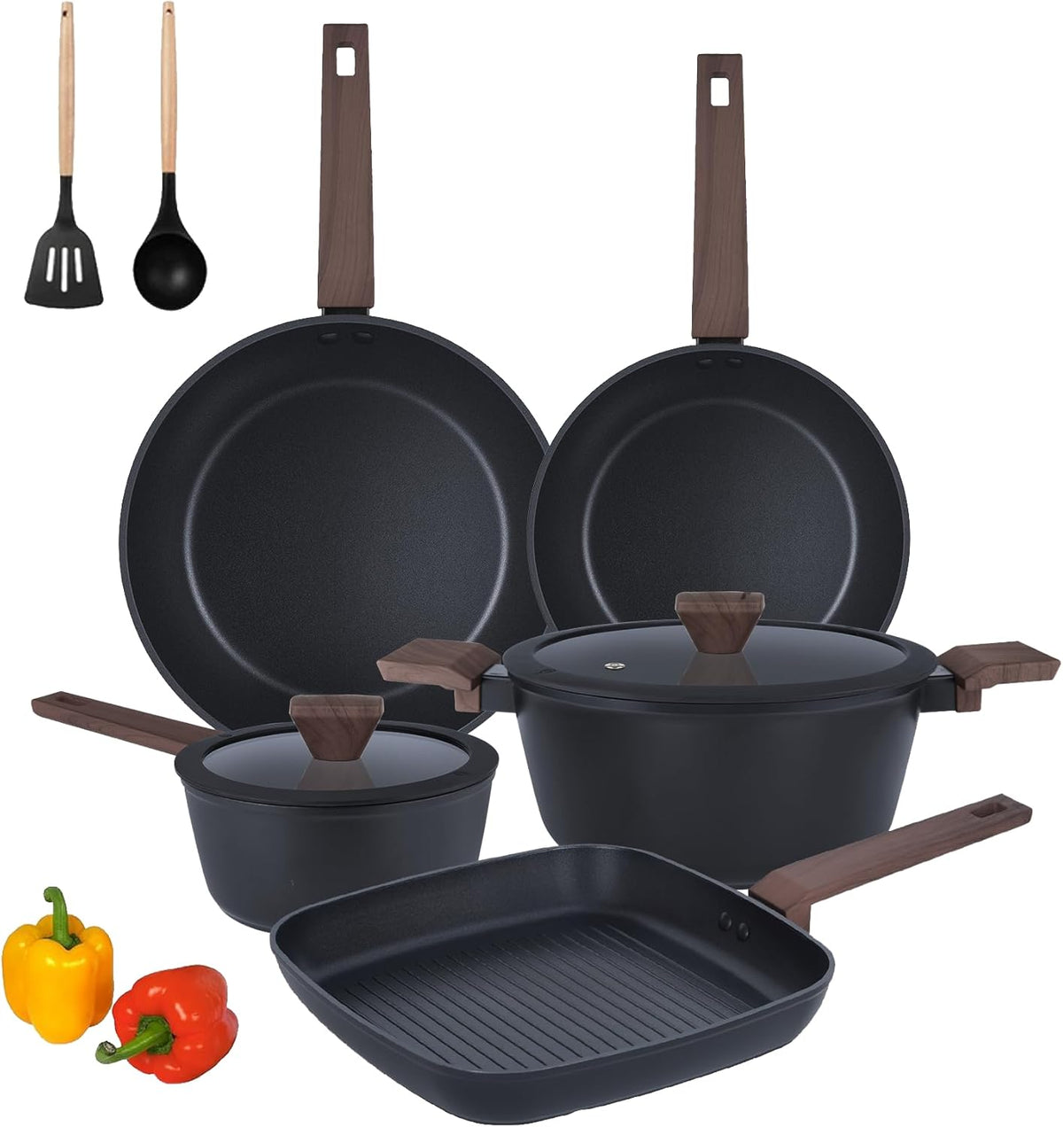 9Pcs Pots and Pans Set Nonstick,Induction Cookware Set Kitchen Cooking Sets,Healthy Non-Toxic Pots and Pan Set,Non Stick with Grill Pan& Stay-Cool Handles (PFOS, PFOA Free),Black