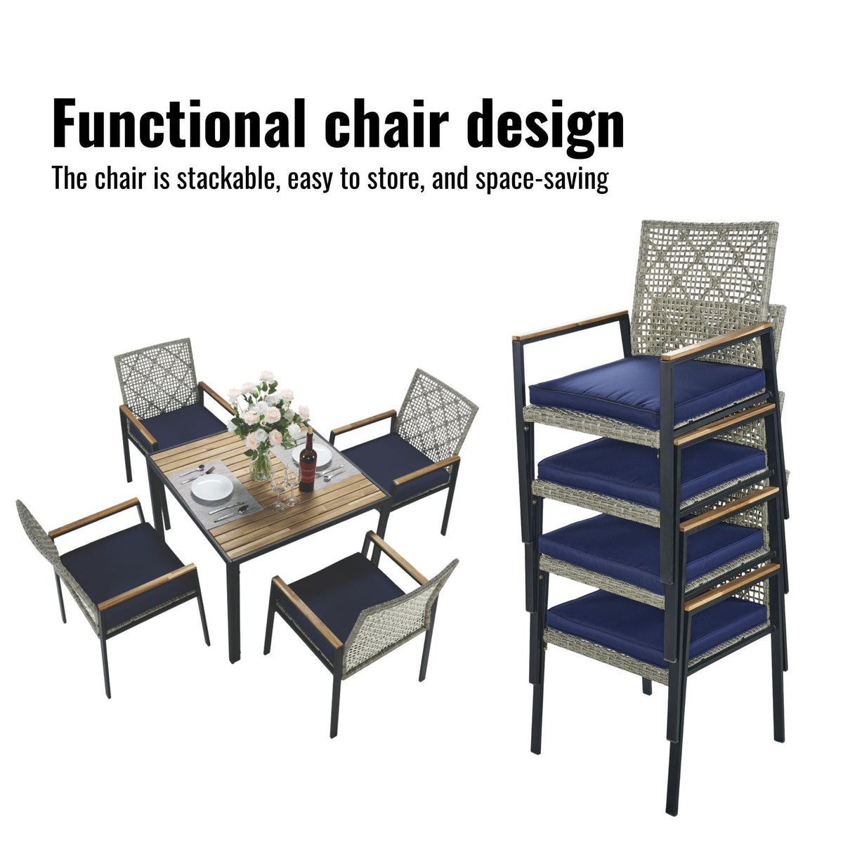 5 Piece Patio Dining Table Set, Acacia Wood Table Top With Umbrella Hole