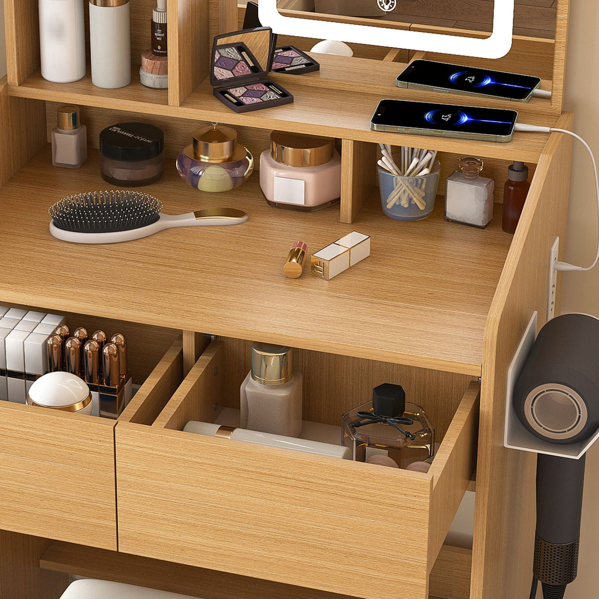 Vanity Table With LED Mirror, Power Outlet, Hairdryer Holder & Padded Stool