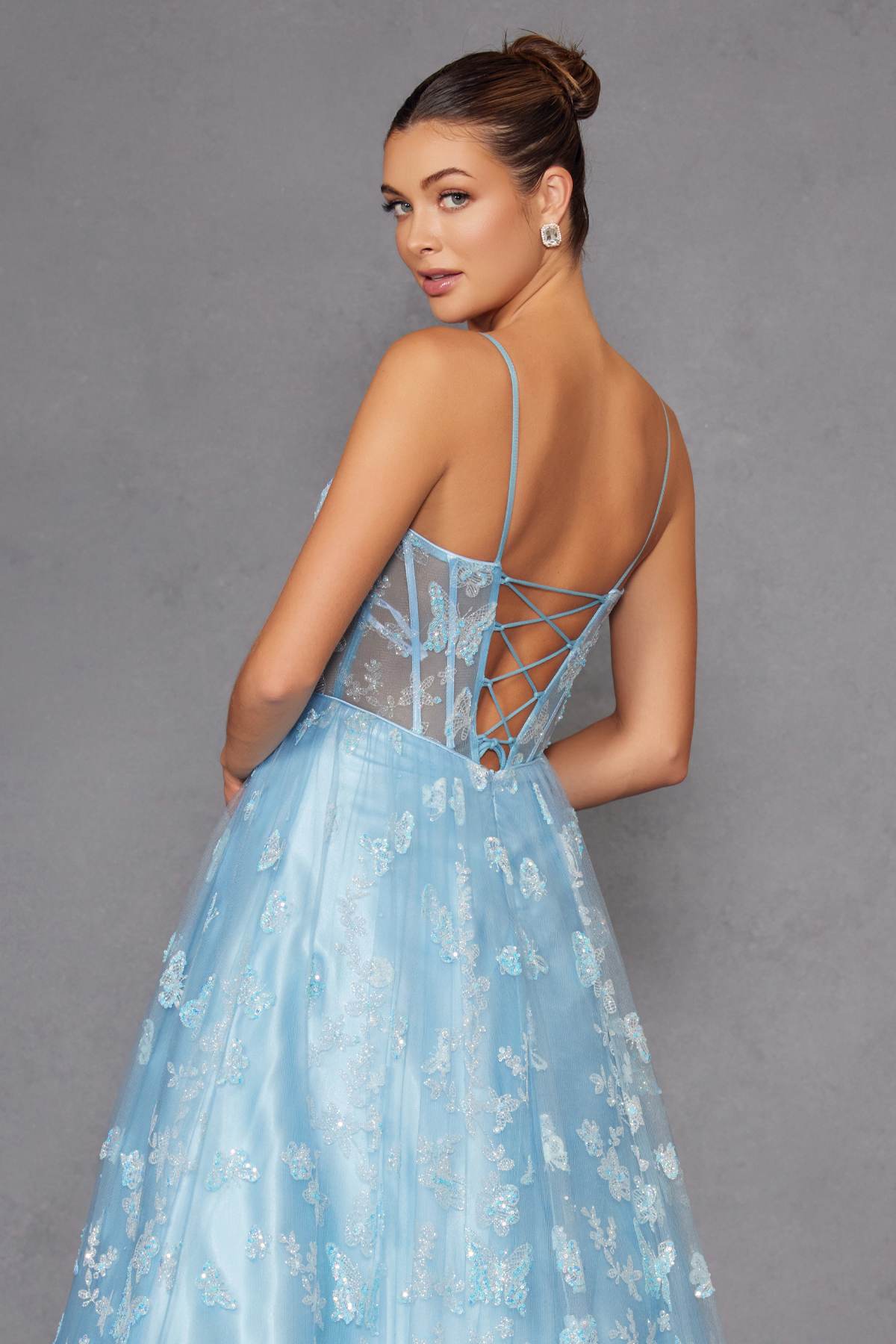 Juliet 2413 Long Butterfly Glitter Embroidered A-Line Gown with Corset Top
