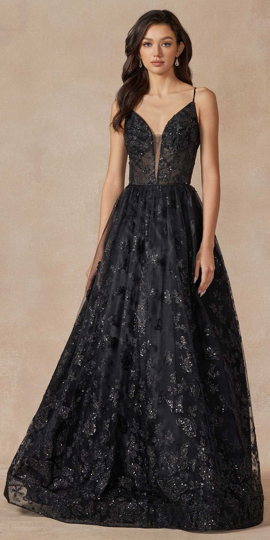 Juliet 2413 Long Butterfly Glitter Embroidered A-Line Gown with Corset Top