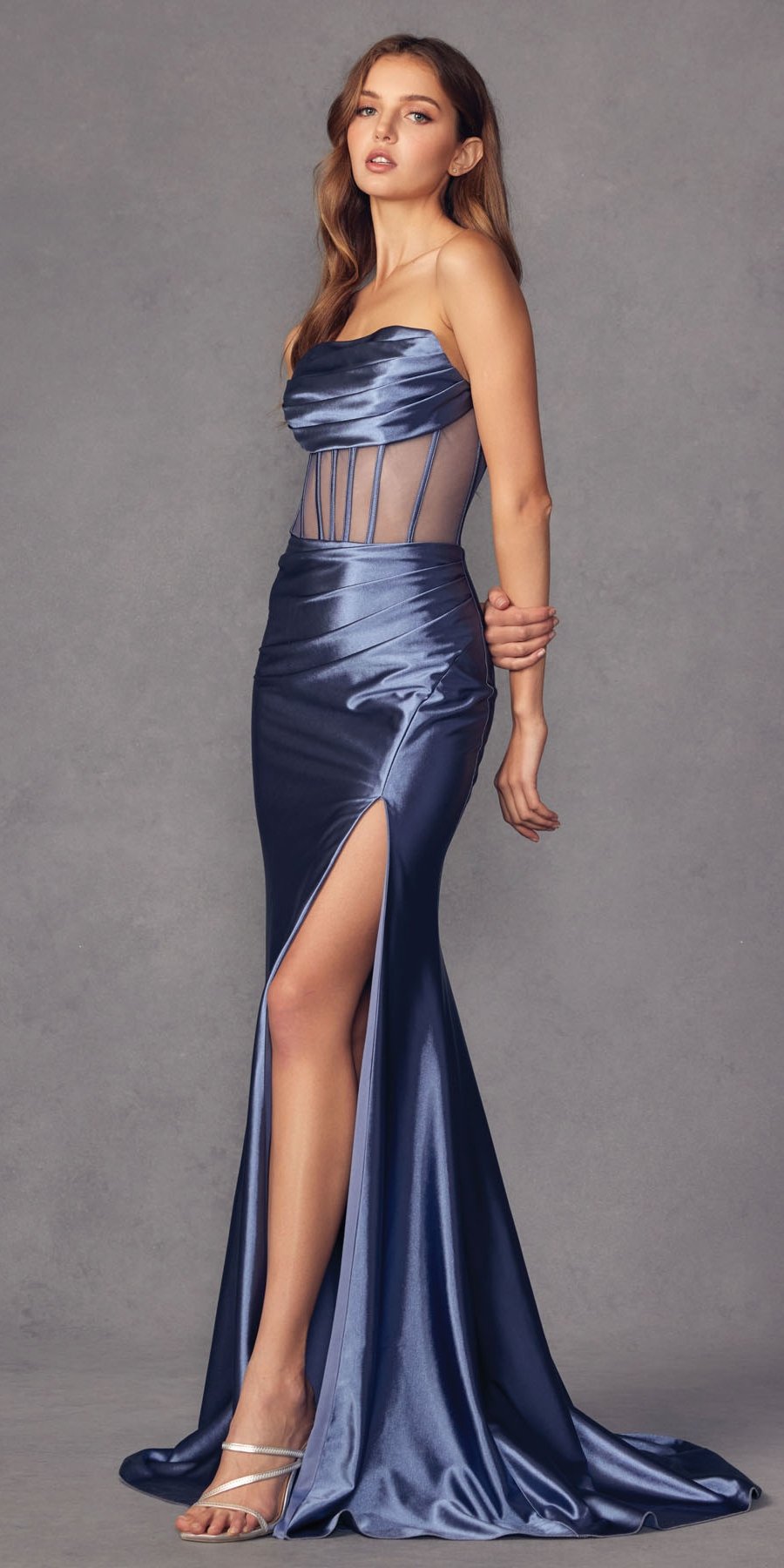 Juliet 2416 Floor Length Strapless Sheer Boned Bodice Slit Satin Dress