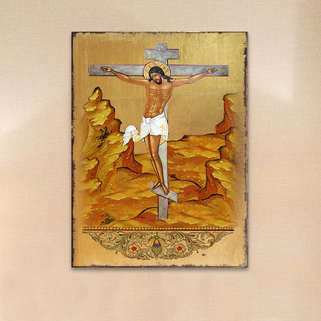 Crucifixion Wooden Gold Plated Religious Christian Sacred Icon - Inspirational Icon Decor - 85058