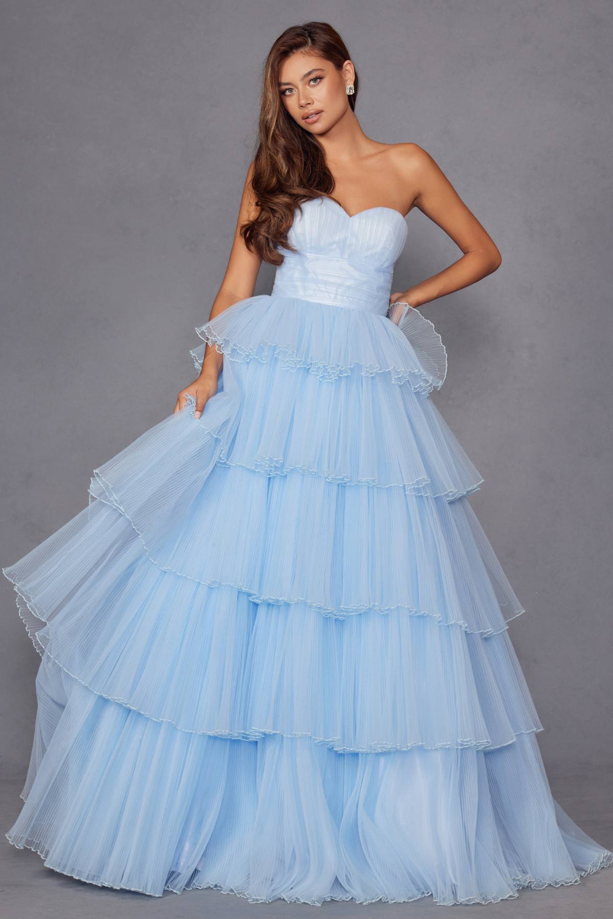 Juliet JT2452K Long Pleated Strapless Tiered Ruffle Tulle A-Line Gown