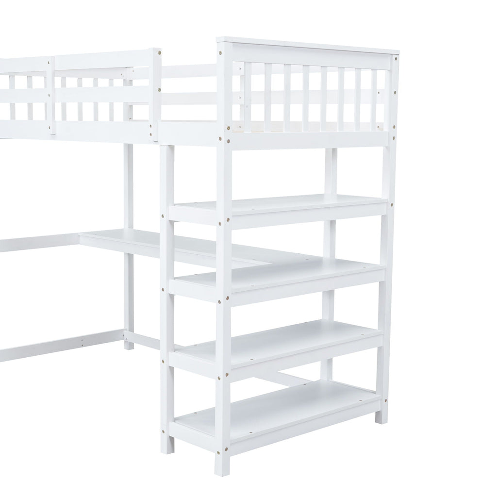 Loft Bed With Storage Shelves And Under Bed Desk